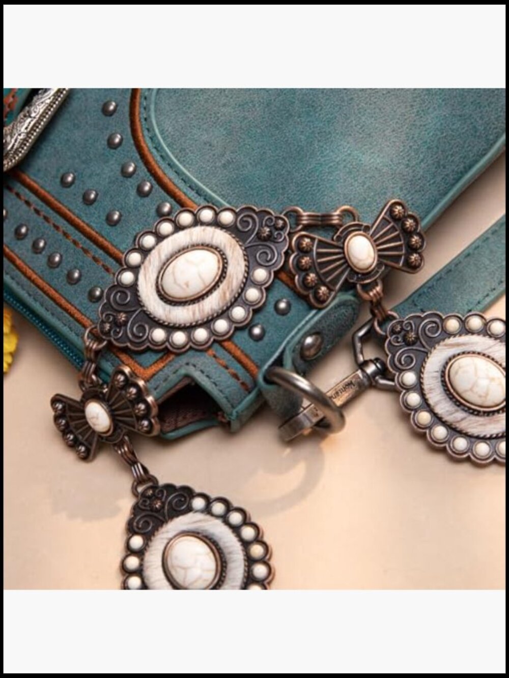 Large Western Concho Metal Chain Belt with Faux Turquoise - Picture 3 of 7